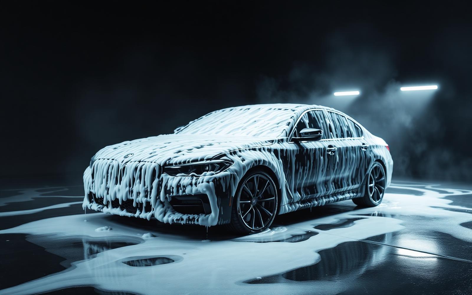 Black sedan covered in foam during a ceramic wash